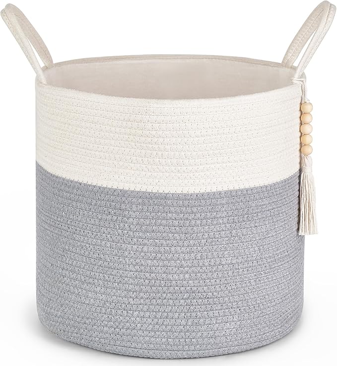 Mkono Woven Storage Basket Decorative Rope Basket Wooden Bead Decoration for Blankets,Toys,Clothes,PlantOrganizer Bin with Handles Living Room Home Decor, Grey and White, 16" W × 13.8" L