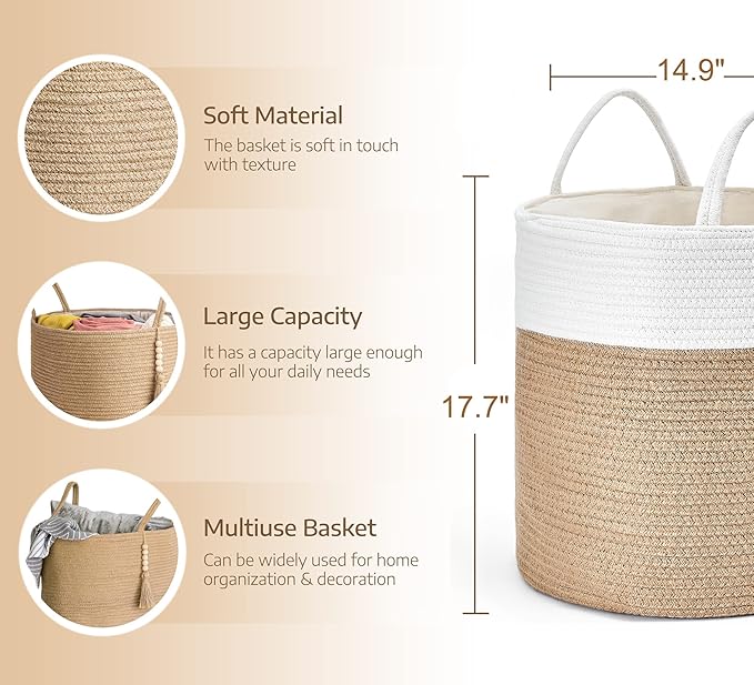 Mkono Woven Storage Basket Decorative Rope Basket Wooden Bead Decoration for Blankets,Toys,Clothes,Shoes,Plant Organizer Bin with Handles Living Room Home Decor, 15"Wx17.7"L,White and Yellow