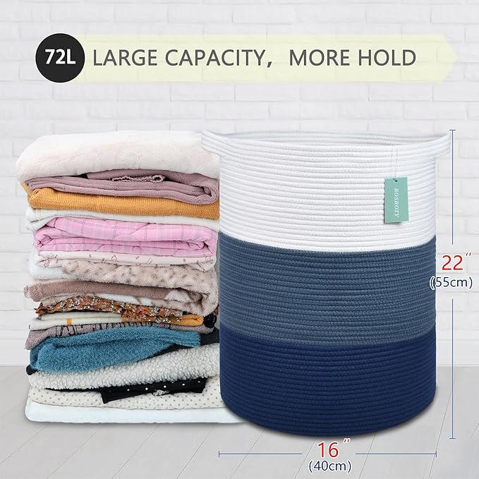 Large Blanket Basket, Nursery Hamper, Tall Laundry Basket 72L, Cotton Rope Woven Laundry Hamper for Storage Toys Clothes Towels, 16”x 22”, White & Cadet Blue & Navy Blue