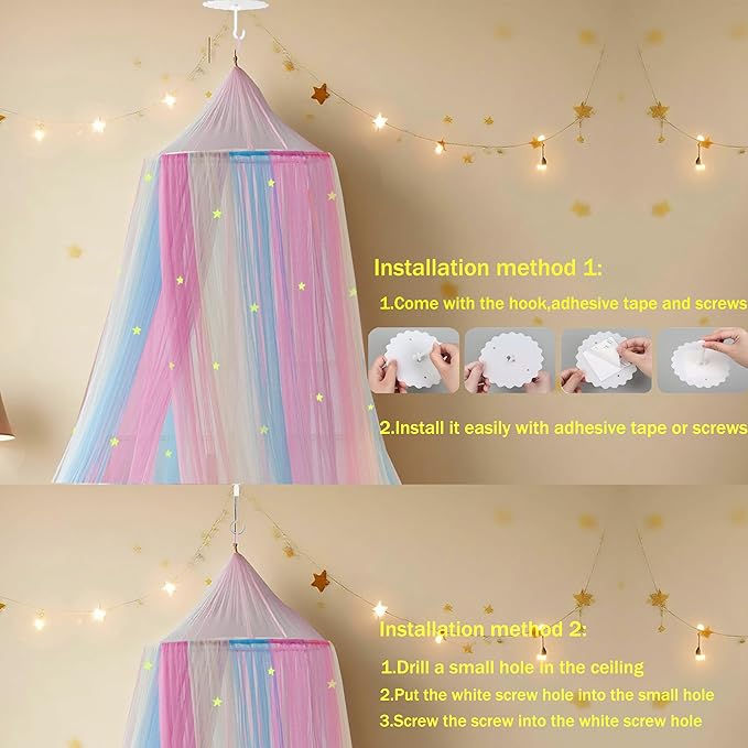 Rainbow Bed Canopy with Glow in The Dark Stars,X-Large Princess Rainbow Bed Curtains Mosquito Netting for Girls Bedroom,Kids Fairy Dream Play Hanging Canopy Tent for Room