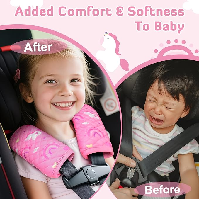 INFANZIA Car Seat Strap Covers for Infants Babies, Soft Carseat Shoulder Pads for Kids, Double-Sided Use Seatbelt Cushion Covers for Stroller, Pushchair & High Chair (Pink)