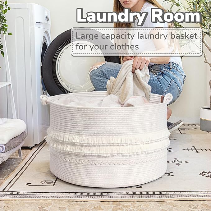 CherryNow 22"x22"x14" Large Blanket Basket, Home Décor for Living Room Bedroom, Boho Decorative Laundry Basket for Clothes, Baby Toy Storage, White