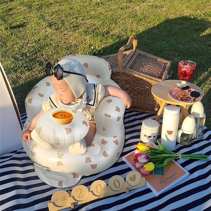 Inflatable Baby Chair with Tray for Babies 3 Months & Up, Blow Up Baby Seat with Built in Air Pump, Sit Me Up Floor Baby Seats for Infants for Sitting Up - Bear Head with Tray