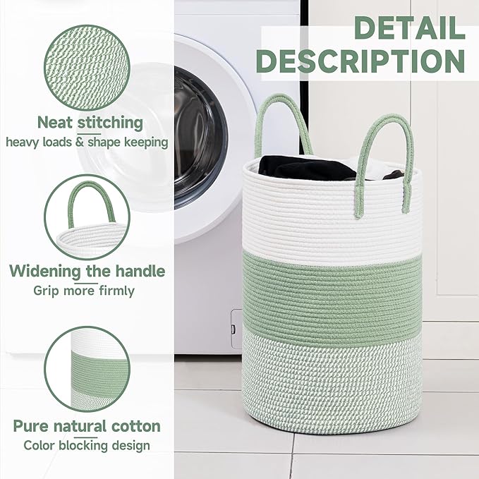 CLHMILY&Z 40L Laundry Basket Round Storage Rope Basket - 13x18 Inches - Green Hamper in Bedreoom and Cute Storage Bin for Blankets, Toys, and Nursery Essentials
