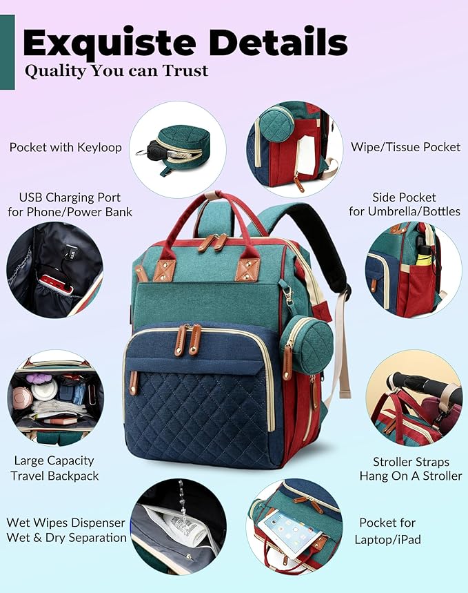 Diaper Bag with Changing Station, Waterproof 3 in 1 Diaper Backpack with Foldable Changing Pad, Baby Registry Search &Baby Shower Gifts - Newborn Essentials, Red-Green-Blue