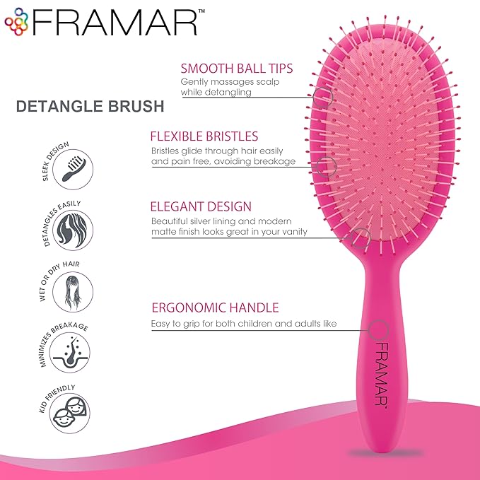 Framar Detangling Brush for Curly Hair – Hair Brushes for Women, Wet Hairbrush For Women, Hairbrushes, Pink Hair Brush Detangler, Reduces Breakage, Frizz and Static – Pink Brush