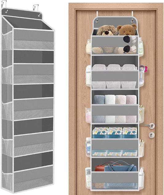 1 Pack Over The Door Organizer, Hanging Storage Organizer with Clear Window, 40lb Ultra Sturdy Large Capacity Room Organizer for Pantry Laundry Bathroom Nursery Closet Baby Essential (Grey)