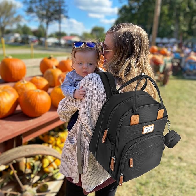 RUVALINO Diaper Bag Backpack-Expandable Baby Bag with up to 50% Capacity -Baby Essentials Bag with Changing Pad Insulated Bottle Holders & Pacifier Case, Waterproof, Black XL