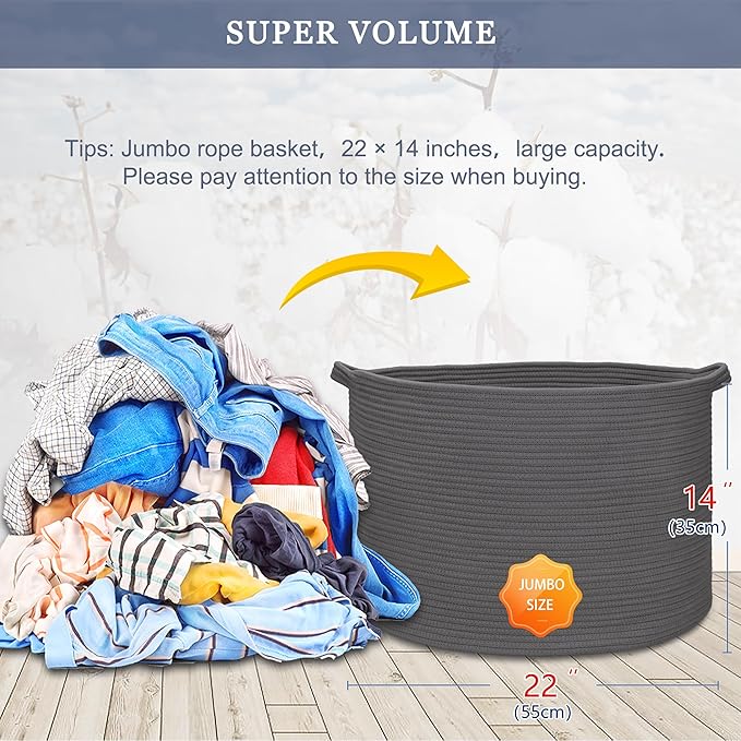 Extra Large Blanket Basket 87L, Laundry Hamper, Baby Nursery Hamper for Storage Toys Clothes Towels, Large Cotton Rope Laundry Basket for Girls Boys, 22”x 14”, Dark Gray