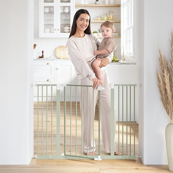 Comfy Cubs Baby Safety Gate with 3 Extensions - Adjustable 42" x 1.9" x 30" Q195 Steel Doorway Barrier - Powder-Coated Finish for Stairs and Doorways - Walk-Through Design Pet Gate - Sage