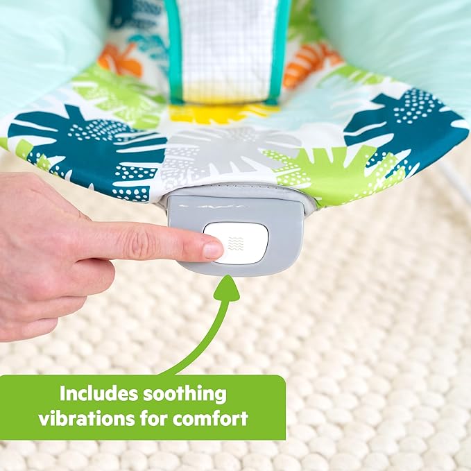 Bright Starts Wild Wonders Vibrating Baby Bouncer, Removable Toy Bar with 2 Toys, Nonslip Feet, 0-6 Months Up to 20 lbs