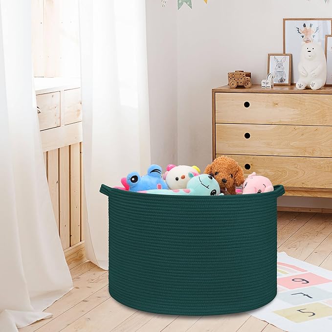Extra Large Blanket Basket 87L, Laundry Hamper, Baby Nursery Hamper for Storage Toys Clothes Towels, Large Cotton Rope Laundry Basket for Girls Boys, 22”x 14”, Dark Green