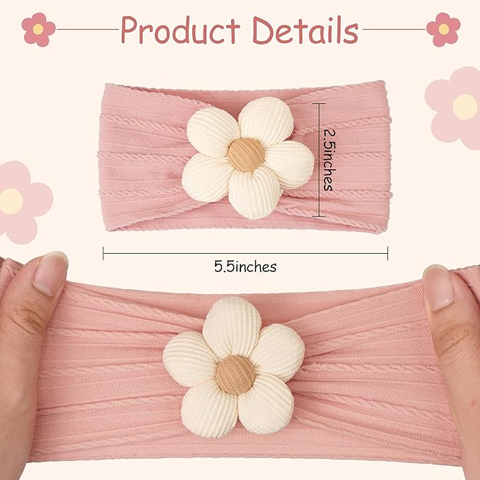 CÉLLOT 3 Pcs Baby Girl Headbands with Flower Nylon Headbands Soft Stretchy Headwear Hair Accessories for Newborn Infant Toddler Kids (Pink Beige Salmon)