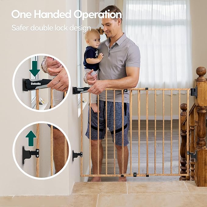 Babelio Baby Gate for Stairs, Kitchen & Doorways, 26-41" W 28" H No Bottom Bar| Easy Installation| One-Handed Operation| Auto-Close| Hardware Mount Safety Dog/Pet Gate Indoor (Brown Wood Pattern)