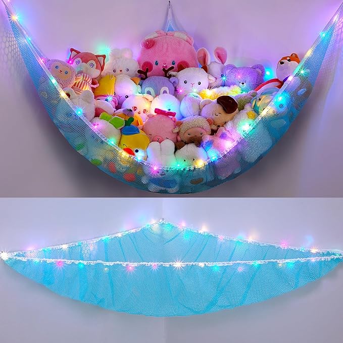 Unicorn Castle Stuffed Animals Net or Hammock Kids Toy Storage Organizer with LED Light Hanging Corner Stuffed Animals Holder Kids Girls Room Decor,Blue,XL-Large-Pack of 1