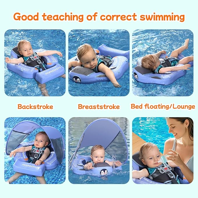 Mambobaby Float with Canopy and Tail New Upgraded Non-Inflatable Baby Pool Float Mambo Float Swim Trainer Solid Infant Swim Float Adjustable Pearl Foam Baby Swim Ring
