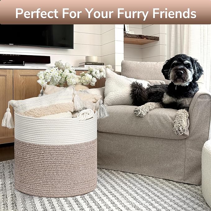 Goodpick Woven Laundry Basket, 15 x 14.2 Inches Cotton Rope Basket for Blankets, Soft Blanket Storage Baskets with Handles for Living Room, Woven Toy Storage Organizer for Nursery, Brown