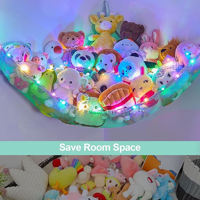 Unicorn Castle Stuffed Animals Net or Hammock Kids Toy Storage Organizer with LED Light Hanging Corner Stuffed Animals Holder Kids Girls Room Decor (Pack of 1)
