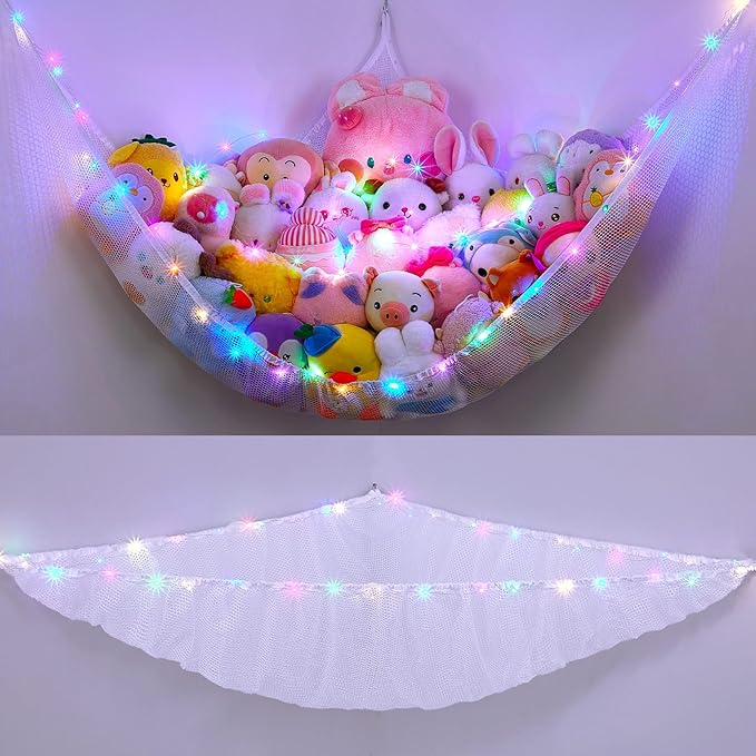 Unicorn Castle Stuffed Animals Net or Hammock Kids Toy Storage Organizer with LED Light Hanging Corner Stuffed Animals Holder Kids Girls Room Decor (Pack of 1)
