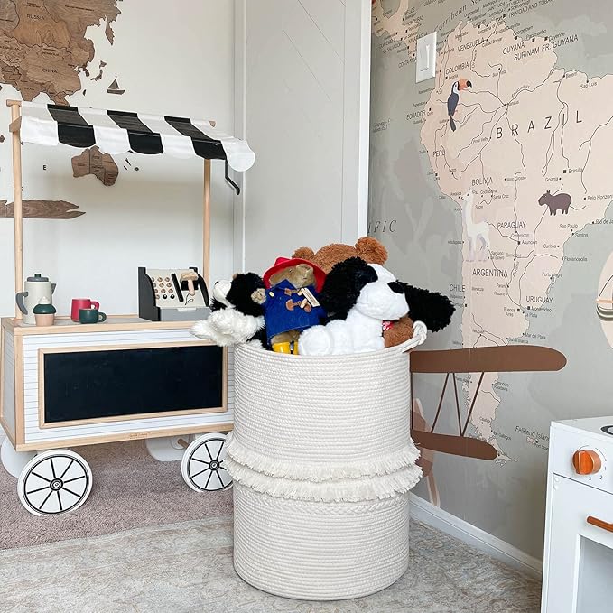 CherryNow Baby Laundry Hamper for Nursery, Tall Basket for Laundry Room, White Woven Storage Basket for Clothes, Toys, Towels, 16 x 22 inches, 69L