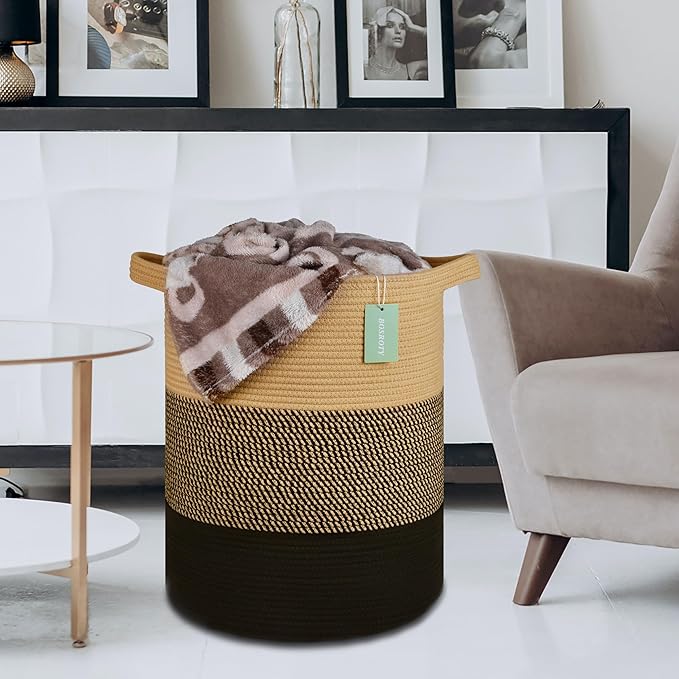 Large Blanket Basket, Nursery Hamper, Tall Laundry Basket 72L, Cotton Rope Woven Laundry Hamper for Storage Toys Clothes Towels, 16”x 22”, Brown & Black
