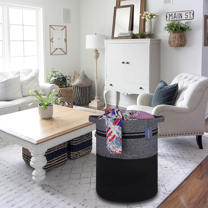 COMSE Extra Large Blanket Basket, Tall Laundry Basket, Nursery Hamper, 15.7”x 21.7”, Cotton Rope Woven Laundry Hamper for Storage Toys Clothes Towels, Black