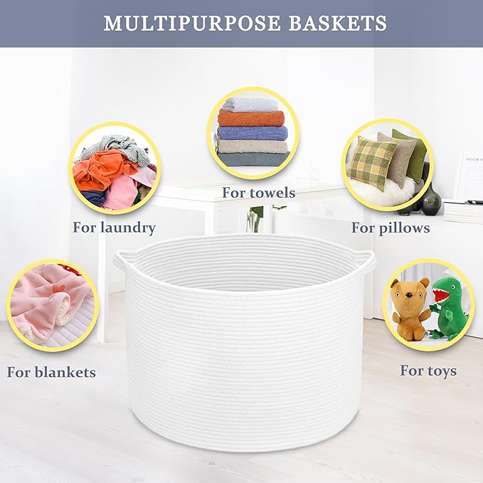Extra Large Blanket Basket 87L, Laundry Hamper, Baby Nursery Hamper for Storage Toys Clothes Towels, Large Cotton Rope Laundry Basket for Girls Boys, 22”x 14”, White