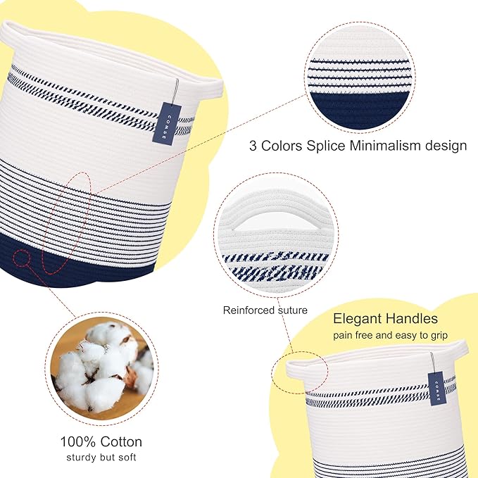 COMSE Extra Large Blanket Basket, Tall Laundry Basket, Nursery Hamper, 15.7”x 21.7”, Cotton Rope Woven Laundry Hamper for Storage Toys Clothes Towels, Navy Blue & White