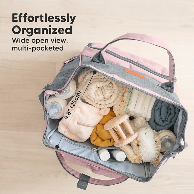 KeaBabies Baby Diaper Bag Backpack - Large Baby Bag for Boys, Girls, Waterproof Multi Function Travel Diaper Backpack with Changing Pad, Durable Travel Essentials for Moms and Dads (Pink Gray)