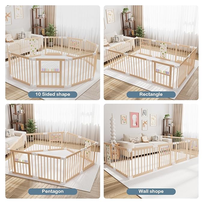 Foldable Wooden Baby Playpen Activity Center,Adjustable Size & Shape Portable Play Yard, Baby Fence Play Area with Gate for Indoor Use for Babies and Toddlers(82x55x24inches)