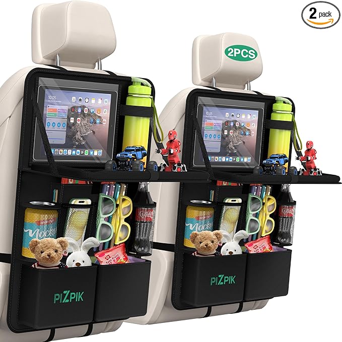 Car Backseat Organizer with Tablet Holder,11 Storage Pockets with Foldable Food Tray, Protector Kick Mats for Kids, Travel Accessories Organizer (Black, 2Pack)