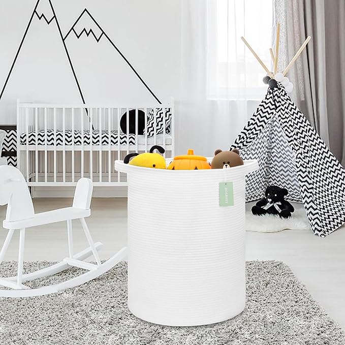 Large Laundry Hamper for Girls Boys Kids 72L, Nursery Hamper, Tall Laundry Basket, Cotton Rope Woven Blanket Basket for Storage Toys Clothes Towels, 16”x 22”, White