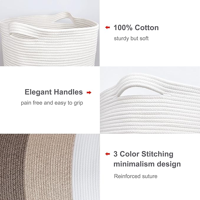Large Blanket Basket, Nursery Hamper, Tall Laundry Basket 72L, Cotton Rope Woven Laundry Hamper for Storage Toys Clothes Towels, 16”x 22”, White & Gradient Brown