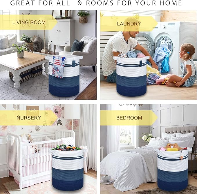 COMSE Extra Large Blanket Basket, Tall Laundry Basket, Nursery Hamper, 15.7”x 21.7”, Cotton Rope Woven Laundry Hamper for Storage Toys Clothes Towels, Gradient Blue