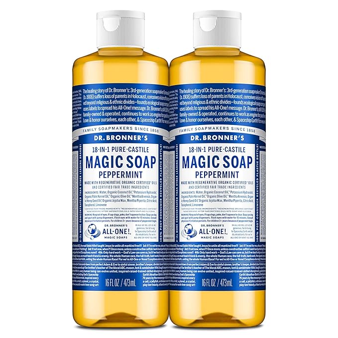 Dr. Bronner's Magic Soap-Pure-Castile Liquid Soap (Peppermint, 16 ounce, 2-Pack)-Regenerative Organic Certified Oils, 18-in-1 Uses: Body, Hair, Laundry, Pets & Dishes, Concentrated, Vegan, Non-GMO