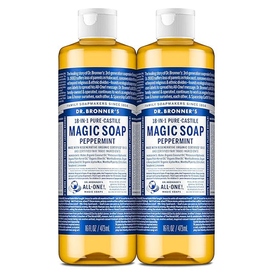 Dr. Bronner's Magic Soap-Pure-Castile Liquid Soap (Peppermint, 16 ounce, 2-Pack)-Regenerative Organic Certified Oils, 18-in-1 Uses: Body, Hair, Laundry, Pets & Dishes, Concentrated, Vegan, Non-GMO
