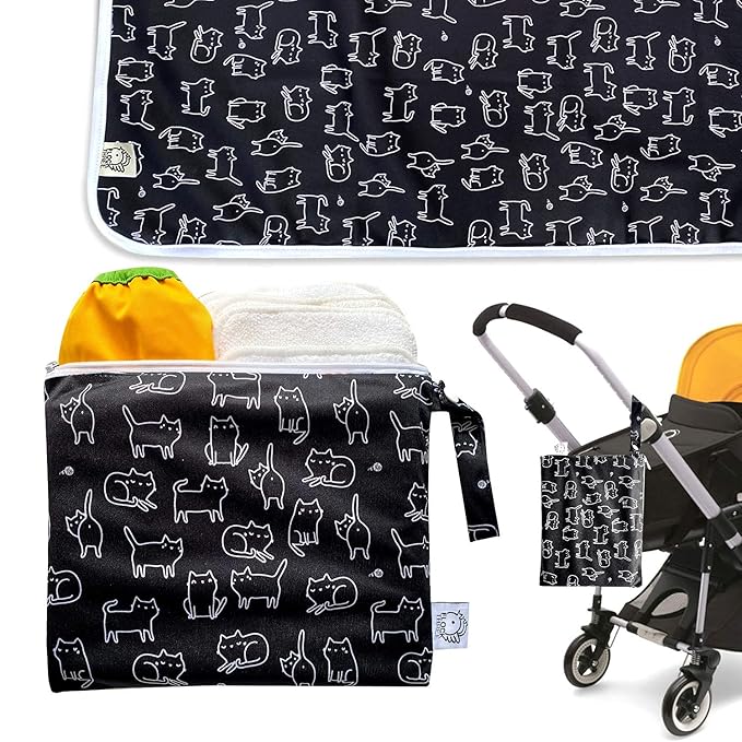Flockthree Waterproof Baby Diaper Changing Pad with Storage Bag (28.7" X 19.7") Washable Wipeable Reusable Leak Proof Diaper Travel Mat Station Changing Mattress Liner Cribs Bed Cover, Cats