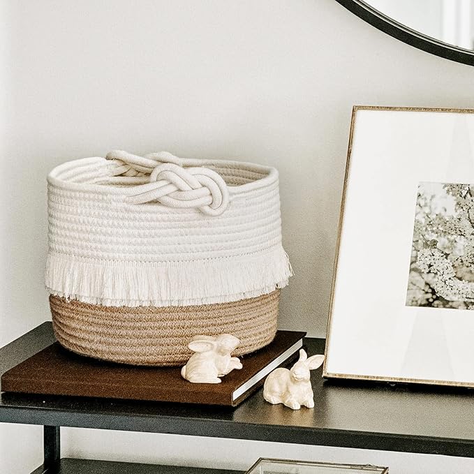 CherryNow Small Woven Storage Baskets Cotton and Jute Rope Decorative Hamper for Diaper, Blankets, Magazine and Keys, Cute Tassel Nursery Decor - Home Storage Container – 9.5'' x 7''