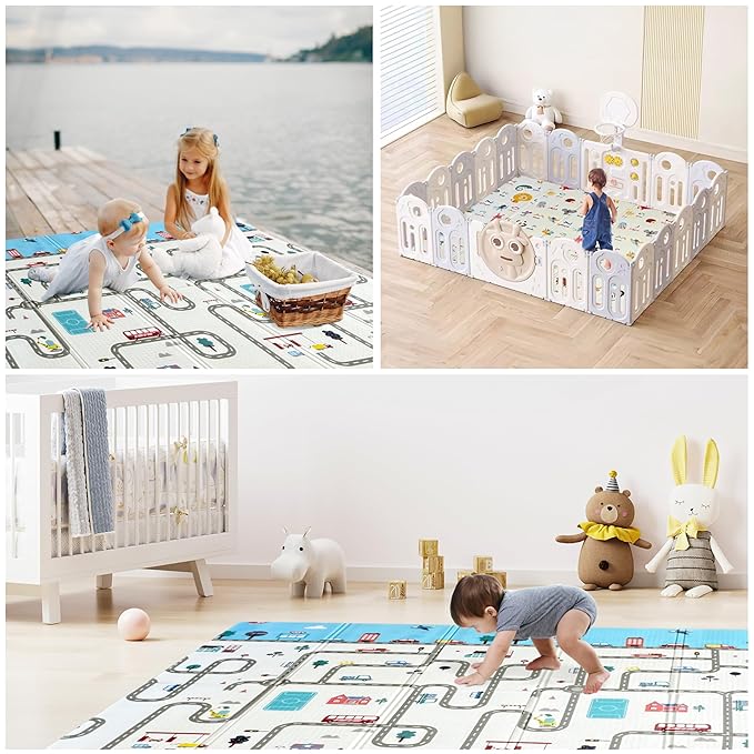 Foldable Baby Play Mat, Extra Large, Non-Toxic, Waterproof Activity Playmats for Babies, Education for Infant, Non-Slip Double Sided (79”x71” 0.6 in Milky) Boys and Girls