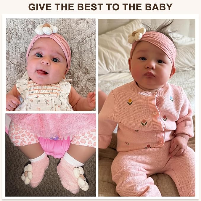 CÉLLOT Baby Girl Headband and Socks, Non-Slip Floral Socks and Soft Floral Nylon Hairbands for Babies Infants and Toddlers