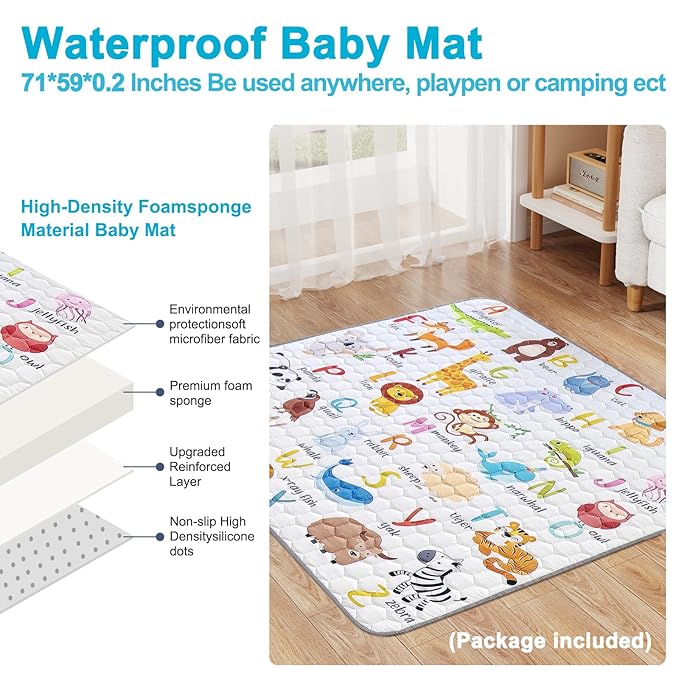 Premium Baby Playpen with Mat, 71x60 Inches Extra Large Play Pen for Babies and Toddlers, Indoor & Outdoor Activity Center, Safety Baby Playpen with Gate Prints (Enamel Gray)