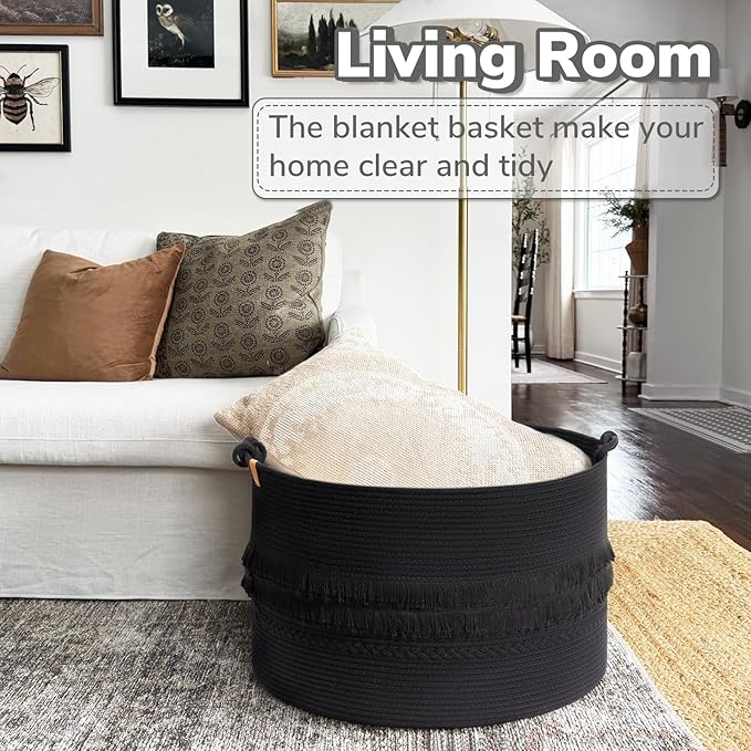 CherryNow 22"x22"x14" Large Blanket Basket, Home Décor for Living Room Bedroom, Boho Decorative Laundry Basket for Clothes, Baby Toy Storage, Black