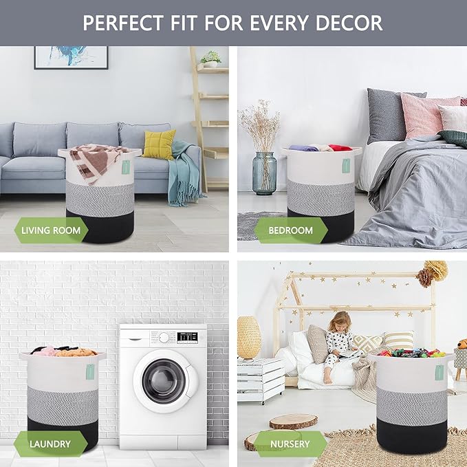 ﻿BOSROTY Large Laundry Hamper for Girls Boys Kids 72L, Nursery Hamper, Tall Laundry Basket, Cotton Rope Woven Blanket Basket for Storage Toys Clothes Towels, 16”x 22”, White & Gray & Black