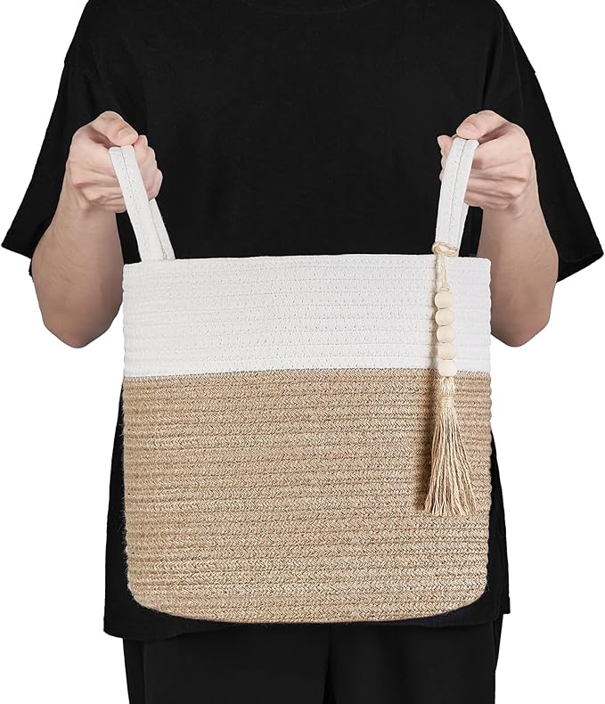 Mkono Woven Storage Basket Decorative Rope Basket Wooden Bead Decoration for Blankets,Toys,Clothes,Shoes,Plant Organizer Bin with Handles Living Room Home Decor, 11" W × 11" L, Cream White and Brown