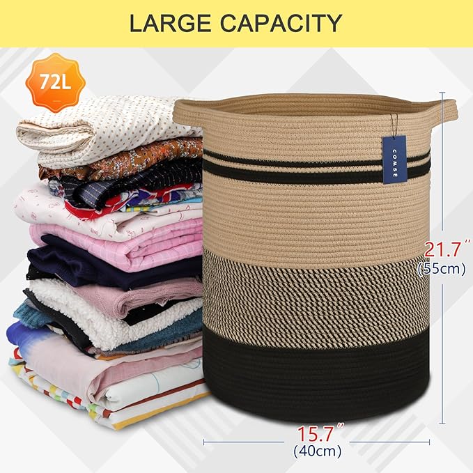 COMSE Extra Large Blanket Basket, Tall Laundry Basket, Nursery Hamper, 15.7”x 21.7”, Cotton Rope Woven Laundry Hamper for Storage Toys Clothes Towels, Brown/Black