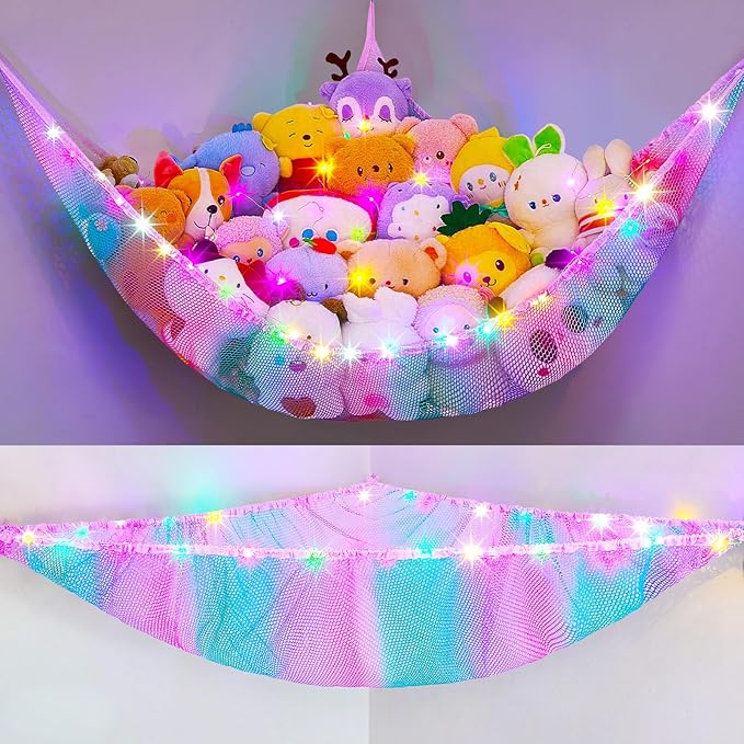Unicorn Castle Stuffed Animals Net or Hammock Kids Toy Storage Organizer with LED Light Hanging Corner Stuffed Animals Holder Kids Girls Room Decor,Pink-Blue-Purple,Large-Pack of 1