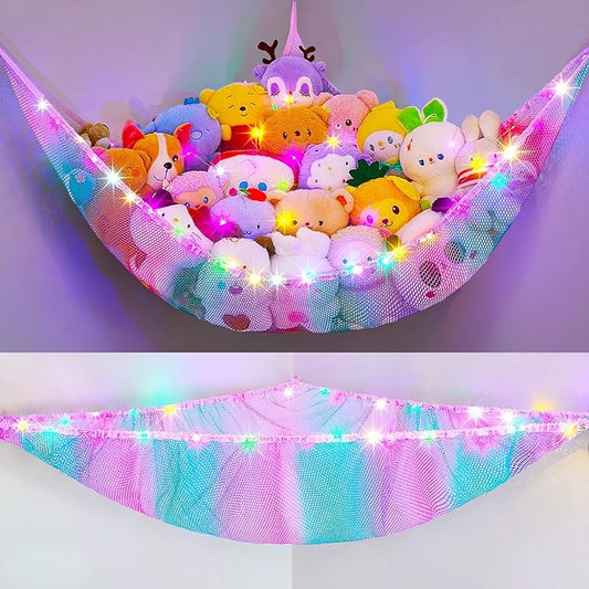 Unicorn Castle Stuffed Animals Net or Hammock Kids Toy Storage Organizer with LED Light Hanging Corner Stuffed Animals Holder Kids Girls Room Decor,Pink-Blue-Purple,Large-Pack of 1