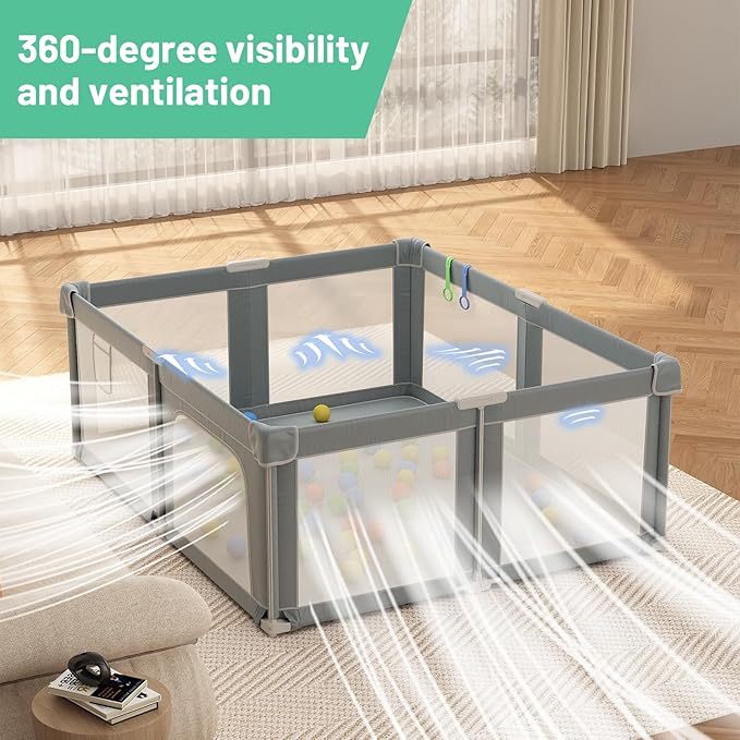 Baby Playpen with Mat for Babies and Toddlers, 73" x 61" Large Baby Play Pen Playard for Indoor & Outdoor with Soft Breathable Mesh, Ocean Balls and Pull Links, Dark Grey