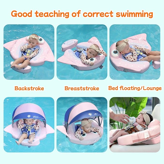 Mambobaby Float with Canopy and Tail New Upgraded Non-Inflatable Baby Pool Float Mambo Float Swim Trainer Solid Infant Swim Float Adjustable Pearl Foam Baby Swim Ring