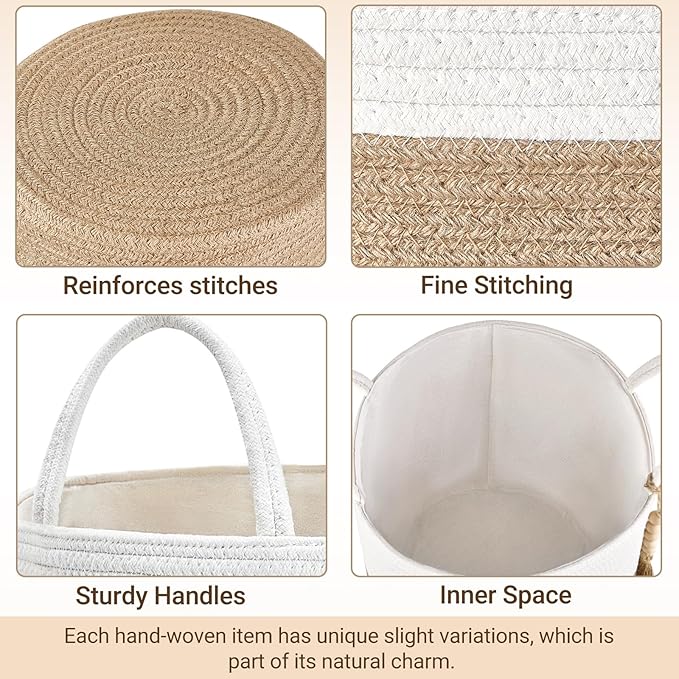 Mkono Woven Storage Basket Decorative Rope Basket Wooden Bead Decoration for Blankets,Toys,Clothes,Shoes,Plant Organizer Bin with Handles Living Room Home Decor, 11" W × 11" L, Cream White and Brown